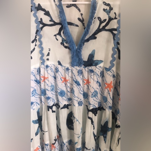 Boho Cotton Seashell Print Beachy Tunic Dress Fringe Lace Bell Sleeves - Picture 4 of 5